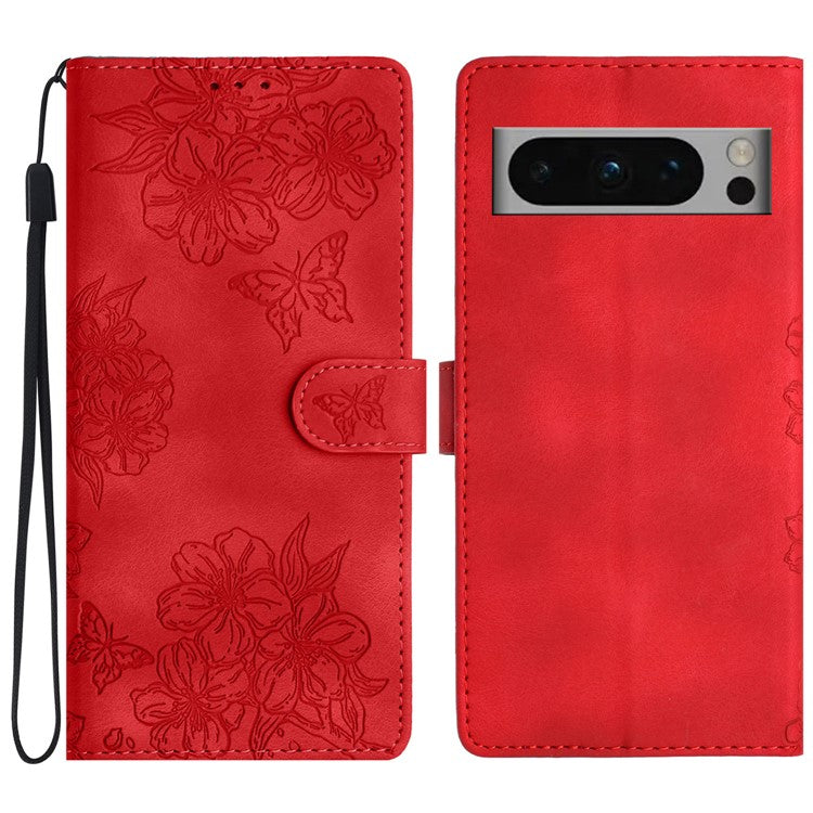 For Google Pixel 8 Pro Case PU Leather Flip Protective Phone Cover Imprinted Butterfly Flowers - Red