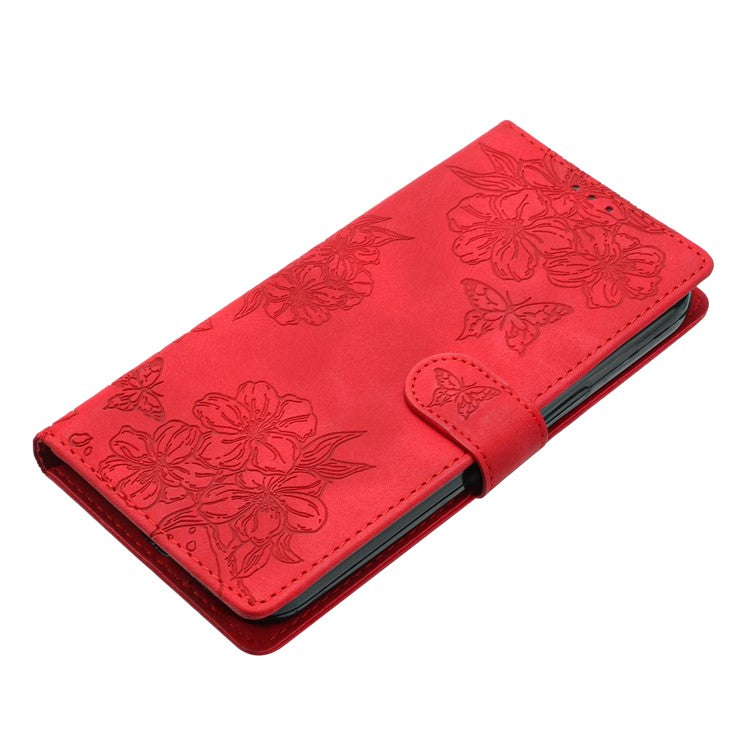 For Google Pixel 8 Pro Case PU Leather Flip Protective Phone Cover Imprinted Butterfly Flowers - Red