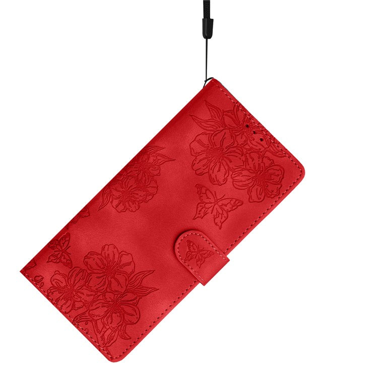 For Google Pixel 8 Pro Case PU Leather Flip Protective Phone Cover Imprinted Butterfly Flowers - Red