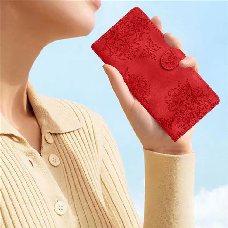 For Google Pixel 8 Pro Case PU Leather Flip Protective Phone Cover Imprinted Butterfly Flowers - Red