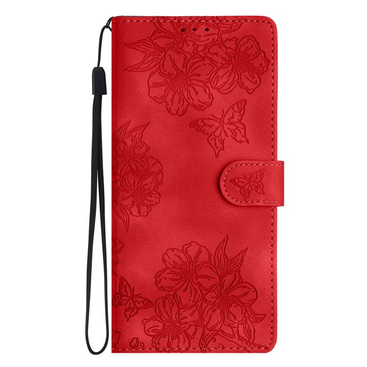 For Google Pixel 8 Pro Case PU Leather Flip Protective Phone Cover Imprinted Butterfly Flowers - Red