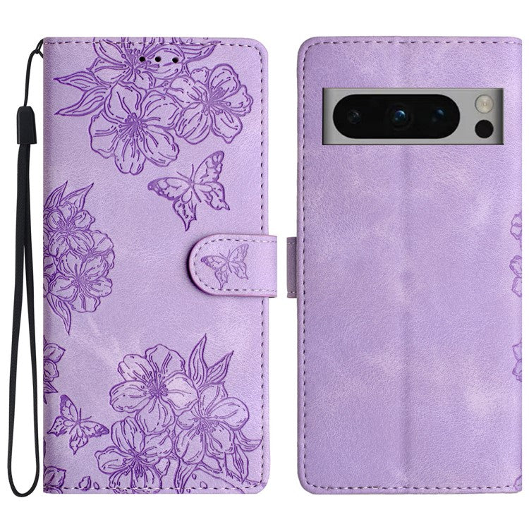 For Google Pixel 8 Pro Case PU Leather Flip Protective Phone Cover Imprinted Butterfly Flowers - Purple