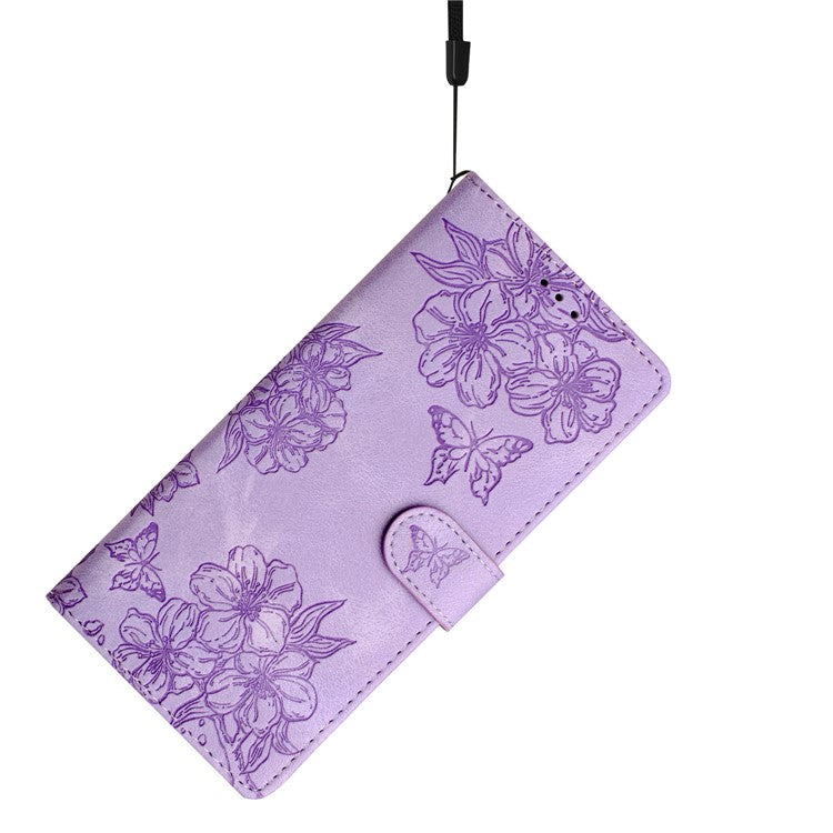 For Google Pixel 8 Pro Case PU Leather Flip Protective Phone Cover Imprinted Butterfly Flowers - Purple