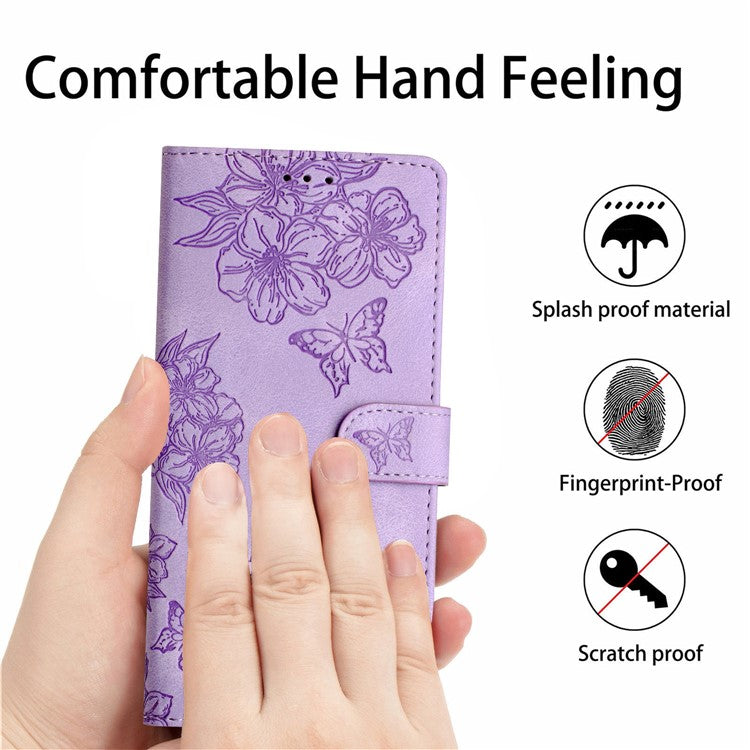 For Google Pixel 8 Pro Case PU Leather Flip Protective Phone Cover Imprinted Butterfly Flowers - Purple