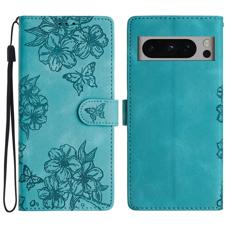 For Google Pixel 8 Pro Case PU Leather Flip Protective Phone Cover Imprinted Butterfly Flowers - Green