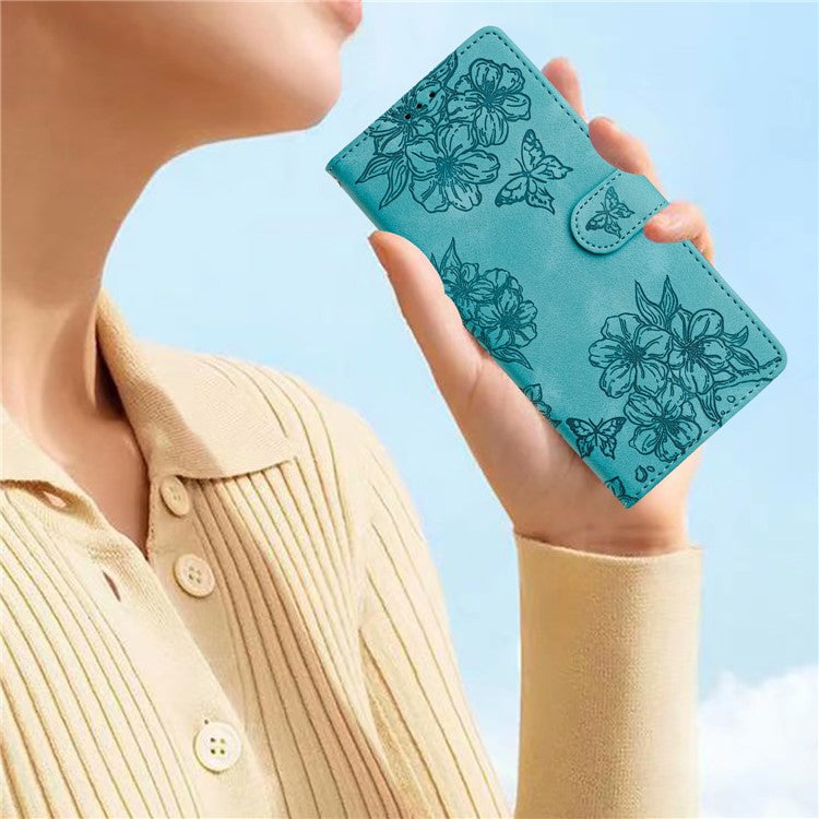 For Google Pixel 8 Pro Case PU Leather Flip Protective Phone Cover Imprinted Butterfly Flowers - Green