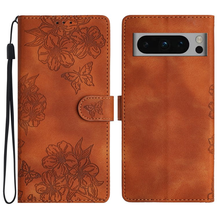 For Google Pixel 8 Pro Case PU Leather Flip Protective Phone Cover Imprinted Butterfly Flowers - Brown