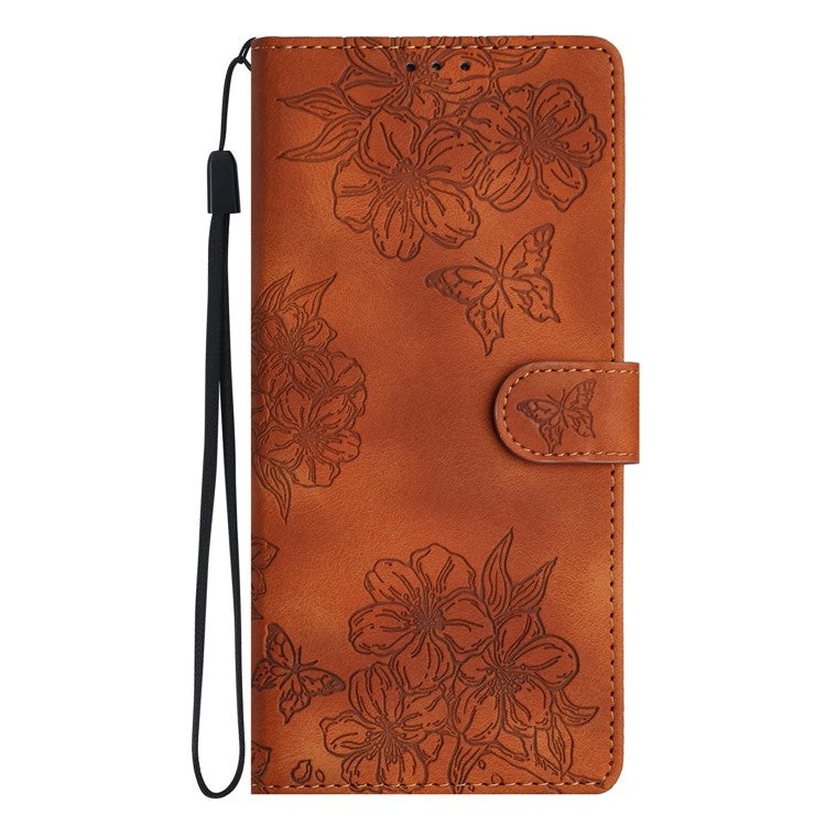 For Google Pixel 8 Pro Case PU Leather Flip Protective Phone Cover Imprinted Butterfly Flowers - Brown