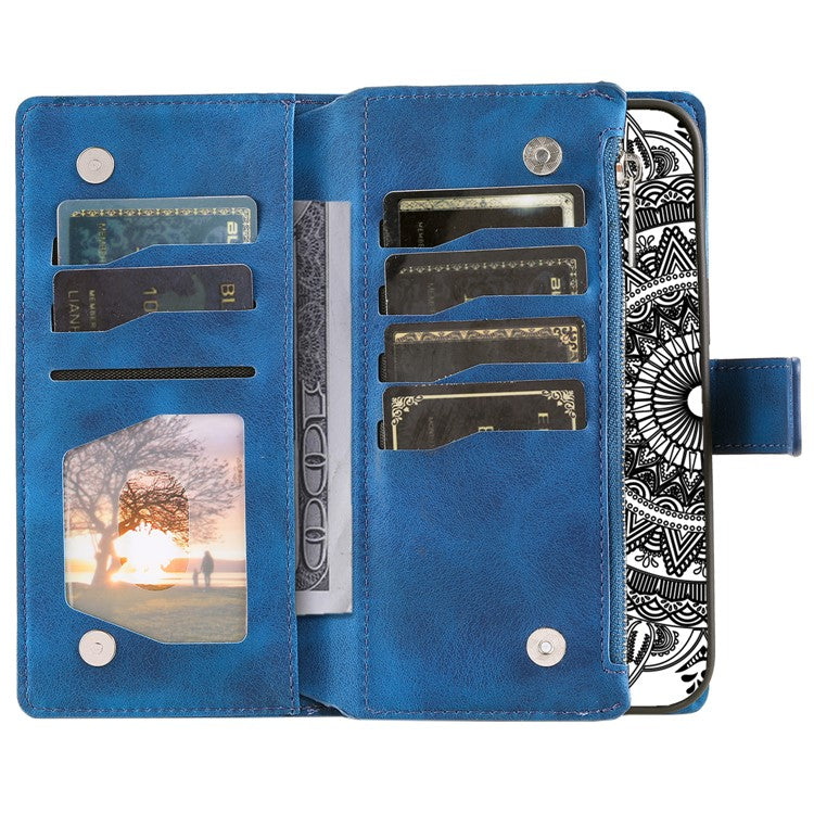 Style 006 For Samsung Galaxy S24 FE Phone Stand Case Mandala Flower Pattern PU Leather Zipper Wallet Phone Cover - Blue