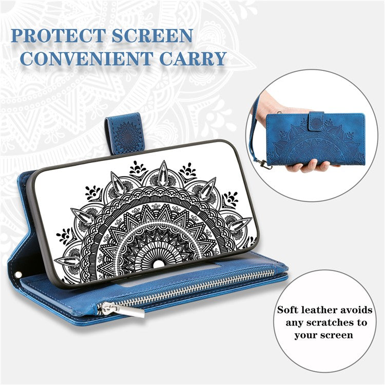 Style 006 For Samsung Galaxy S24 FE Phone Stand Case Mandala Flower Pattern PU Leather Zipper Wallet Phone Cover - Blue