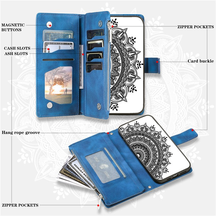 Style 006 For Samsung Galaxy S24 FE Phone Stand Case Mandala Flower Pattern PU Leather Zipper Wallet Phone Cover - Blue