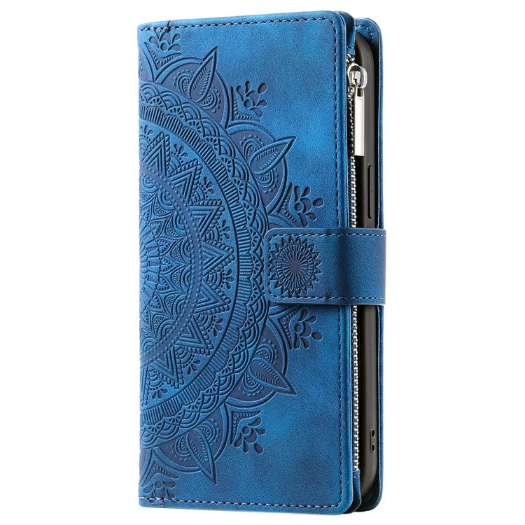 Style 006 For Samsung Galaxy S24 FE Phone Stand Case Mandala Flower Pattern PU Leather Zipper Wallet Phone Cover - Blue