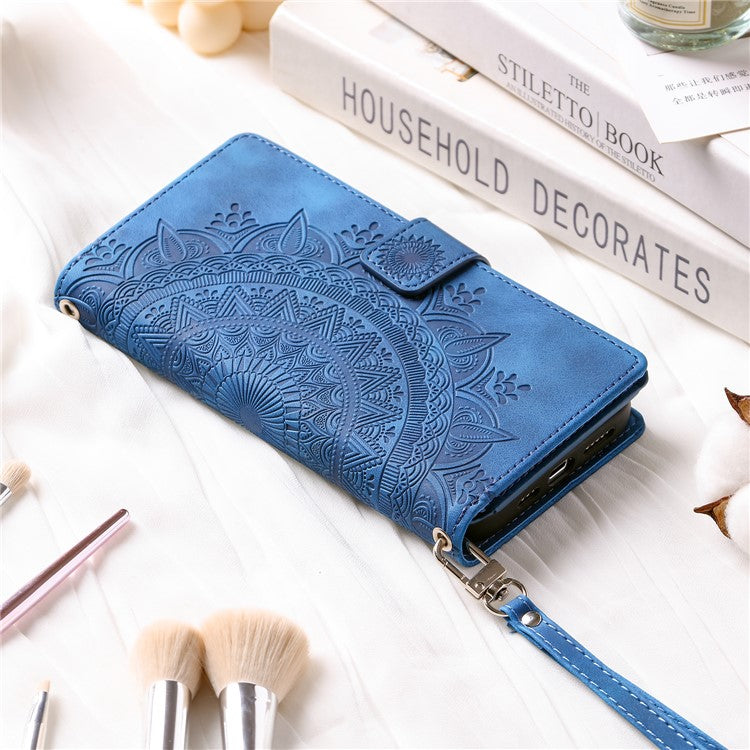 Style 006 For Samsung Galaxy S24 FE Phone Stand Case Mandala Flower Pattern PU Leather Zipper Wallet Phone Cover - Blue