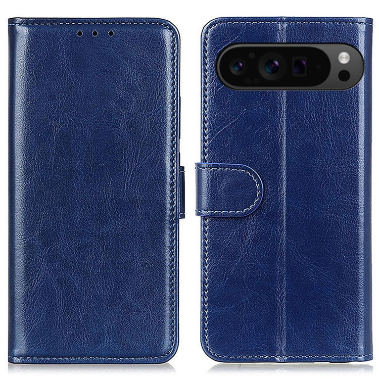 For Google Pixel 9 Pro XL Wholesale Phone Case Crazy Horse Texture PU Leather Phone Stand Cover - Blue