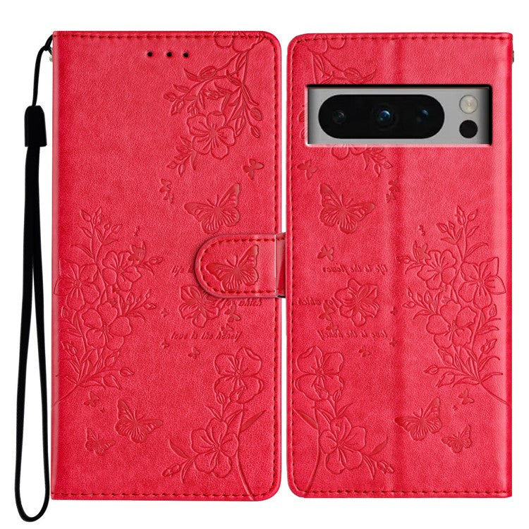 For Google Pixel 8 Pro Wallet Case Butterfly Floral Imprint Leather Phone Cover with Stand - Red