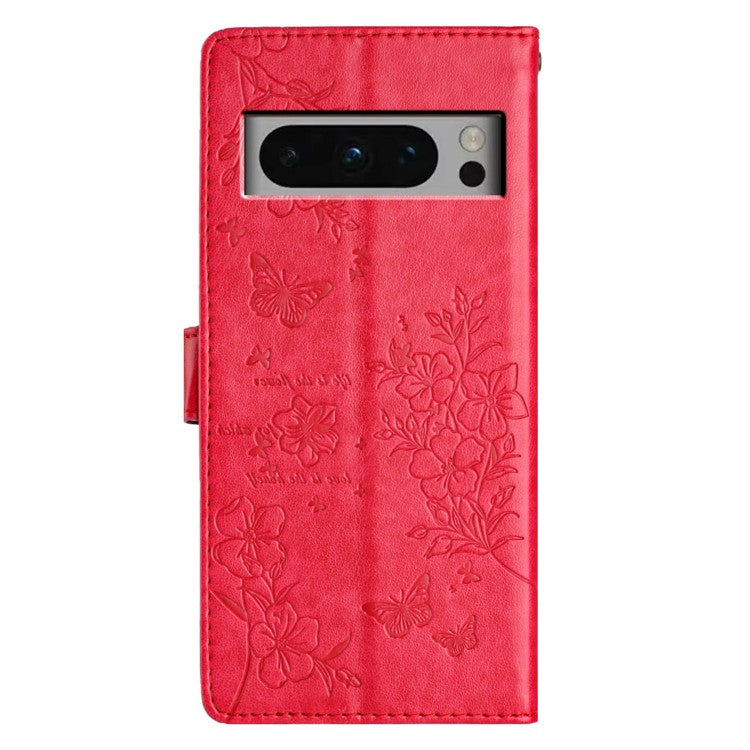 For Google Pixel 8 Pro Wallet Case Butterfly Floral Imprint Leather Phone Cover with Stand - Red