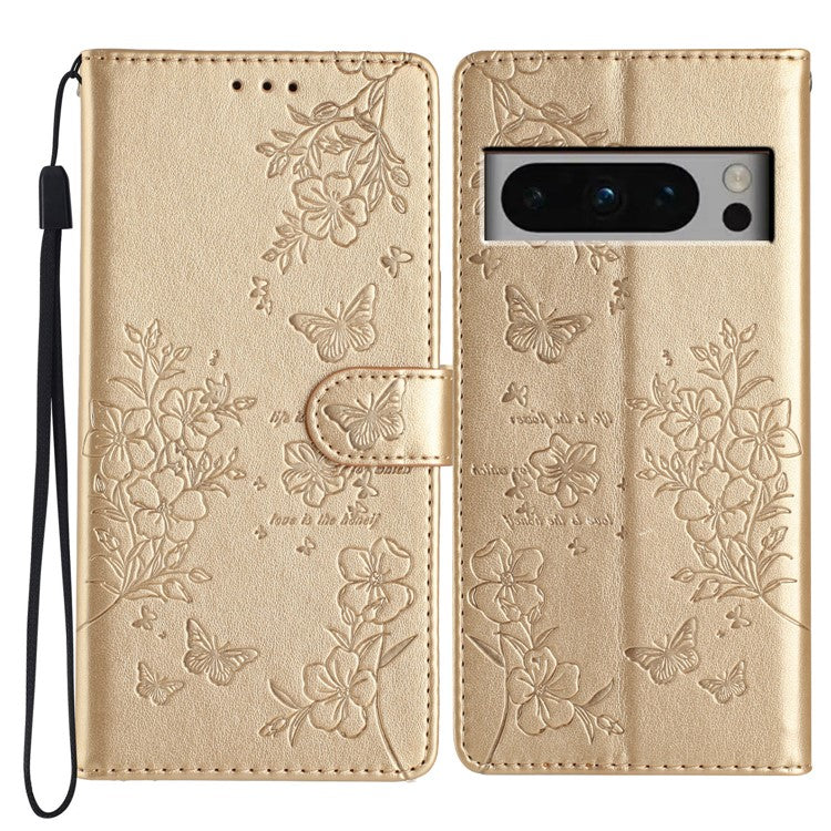 For Google Pixel 8 Pro Wallet Case Butterfly Floral Imprint Leather Phone Cover with Stand - Gold