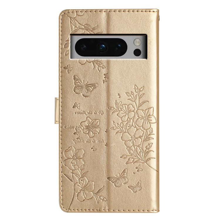 For Google Pixel 8 Pro Wallet Case Butterfly Floral Imprint Leather Phone Cover with Stand - Gold