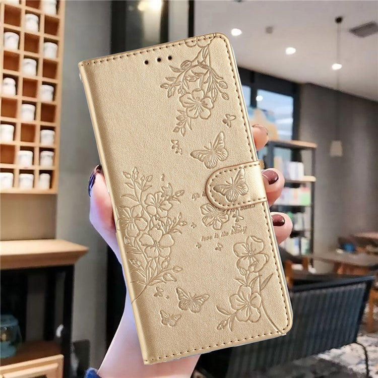 For Google Pixel 8 Pro Wallet Case Butterfly Floral Imprint Leather Phone Cover with Stand - Gold