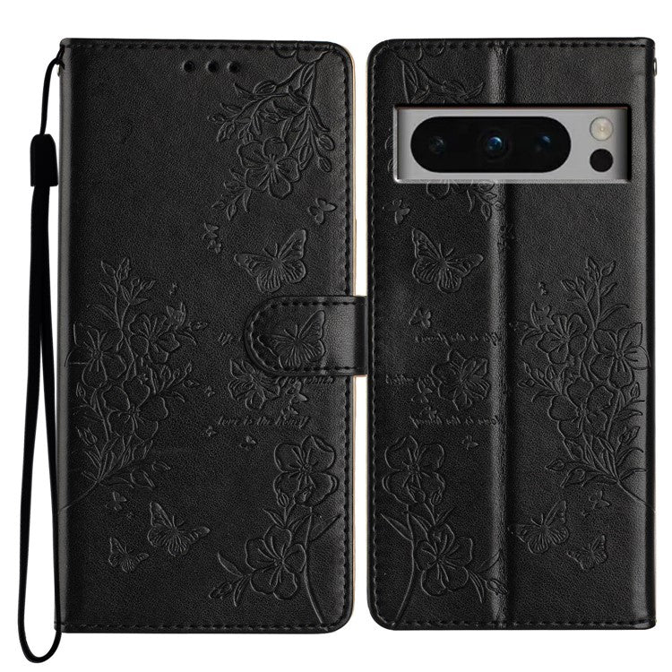 For Google Pixel 8 Pro Wallet Case Butterfly Floral Imprint Leather Phone Cover with Stand - Black