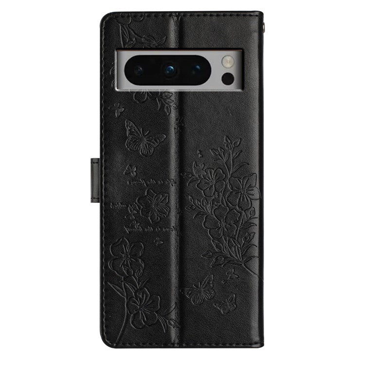 For Google Pixel 8 Pro Wallet Case Butterfly Floral Imprint Leather Phone Cover with Stand - Black