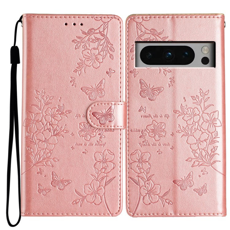 For Google Pixel 8 Pro Wallet Case Butterfly Floral Imprint Leather Phone Cover with Stand - Rose Gold