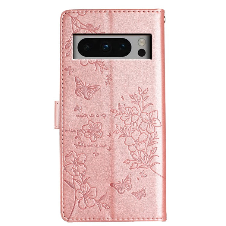 For Google Pixel 8 Pro Wallet Case Butterfly Floral Imprint Leather Phone Cover with Stand - Rose Gold