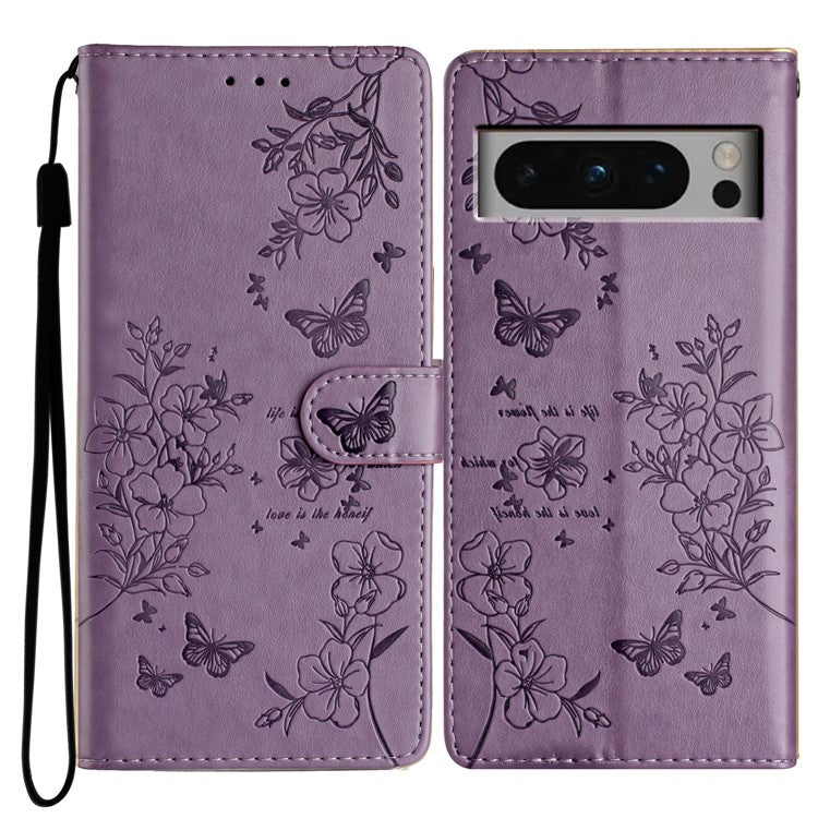 For Google Pixel 8 Pro Wallet Case Butterfly Floral Imprint Leather Phone Cover with Stand - Purple