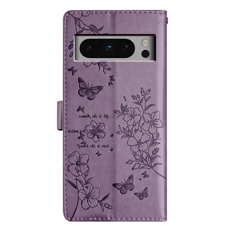 For Google Pixel 8 Pro Wallet Case Butterfly Floral Imprint Leather Phone Cover with Stand - Purple