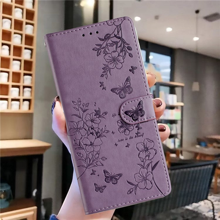 For Google Pixel 8 Pro Wallet Case Butterfly Floral Imprint Leather Phone Cover with Stand - Purple