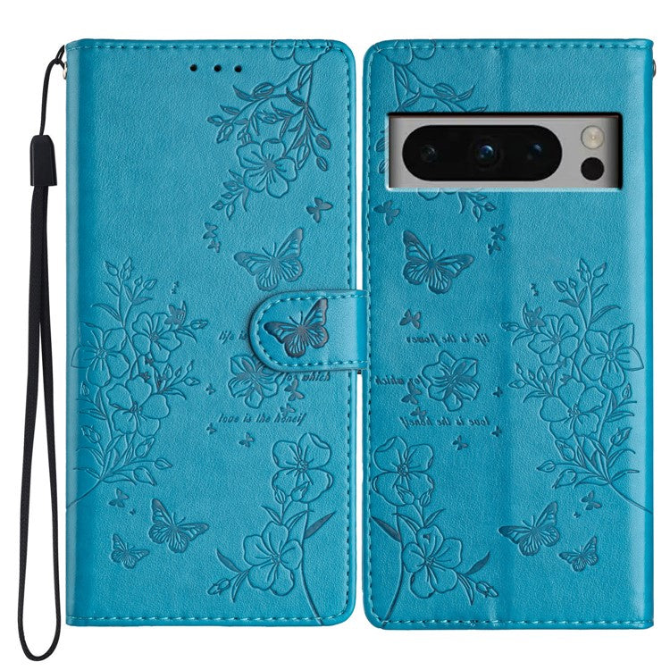 For Google Pixel 8 Pro Wallet Case Butterfly Floral Imprint Leather Phone Cover with Stand - Blue