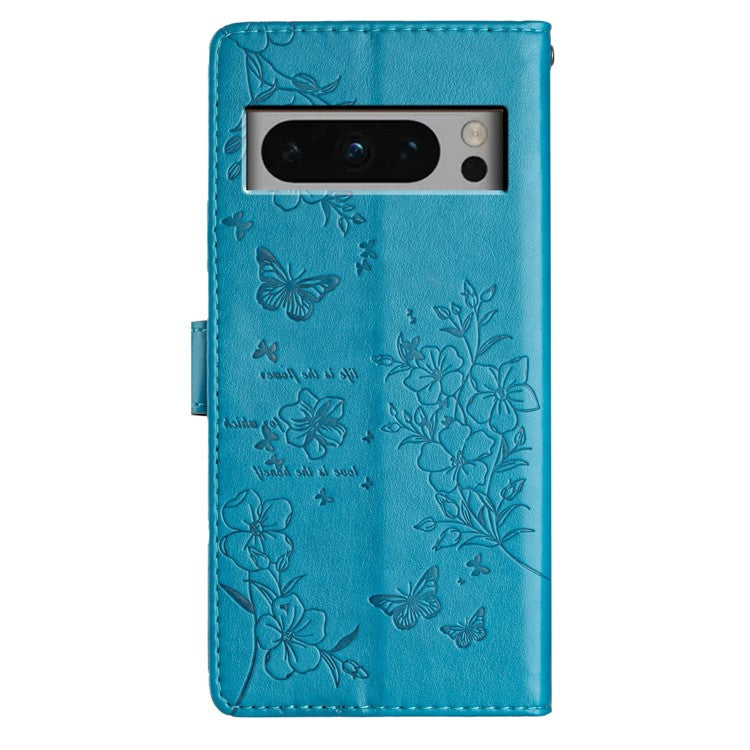 For Google Pixel 8 Pro Wallet Case Butterfly Floral Imprint Leather Phone Cover with Stand - Blue