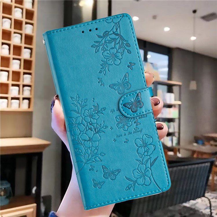 For Google Pixel 8 Pro Wallet Case Butterfly Floral Imprint Leather Phone Cover with Stand - Blue