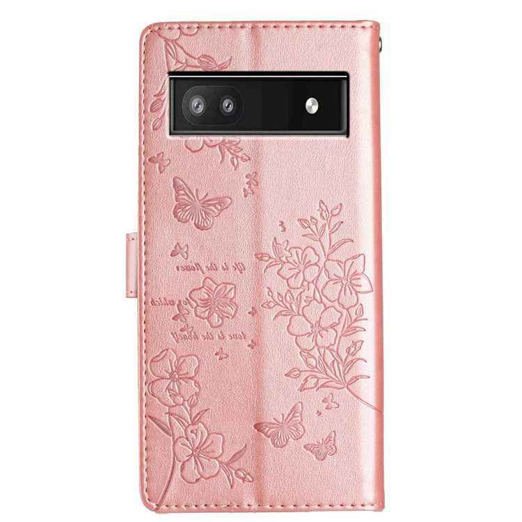 For Google Pixel 7a Case Butterfly Floral Imprint Leather Stand Phone Cover - Rose Gold