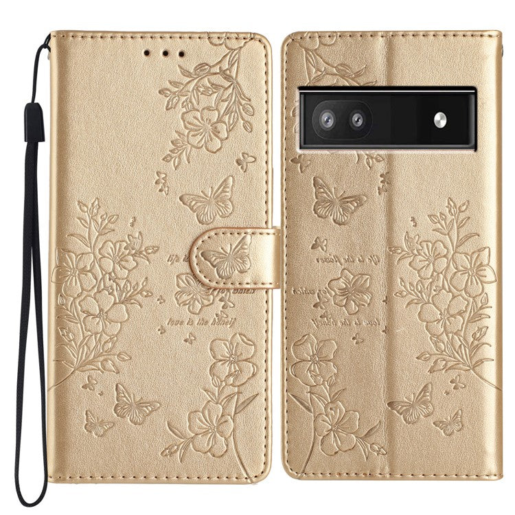 For Google Pixel 7a Case Butterfly Floral Imprint Leather Stand Phone Cover - Gold