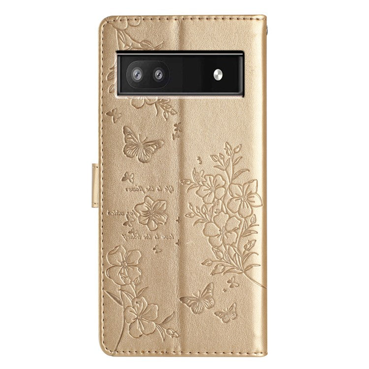 For Google Pixel 7a Case Butterfly Floral Imprint Leather Stand Phone Cover - Gold