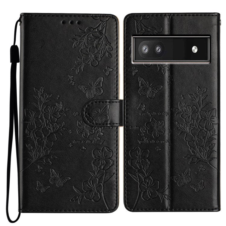 For Google Pixel 7a Case Butterfly Floral Imprint Leather Stand Phone Cover - Black