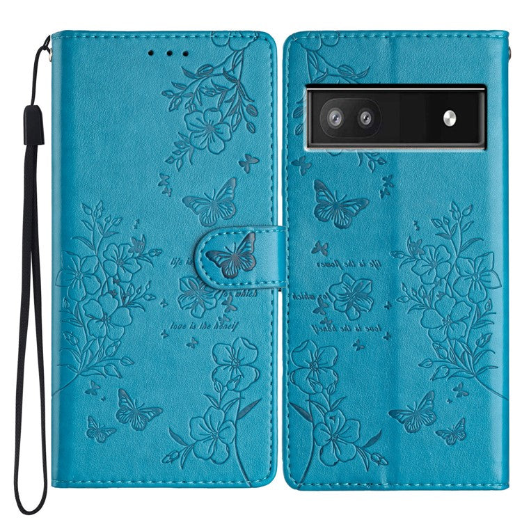 For Google Pixel 7a Case Butterfly Floral Imprint Leather Stand Phone Cover - Blue