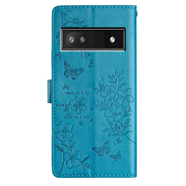 For Google Pixel 7a Case Butterfly Floral Imprint Leather Stand Phone Cover - Blue