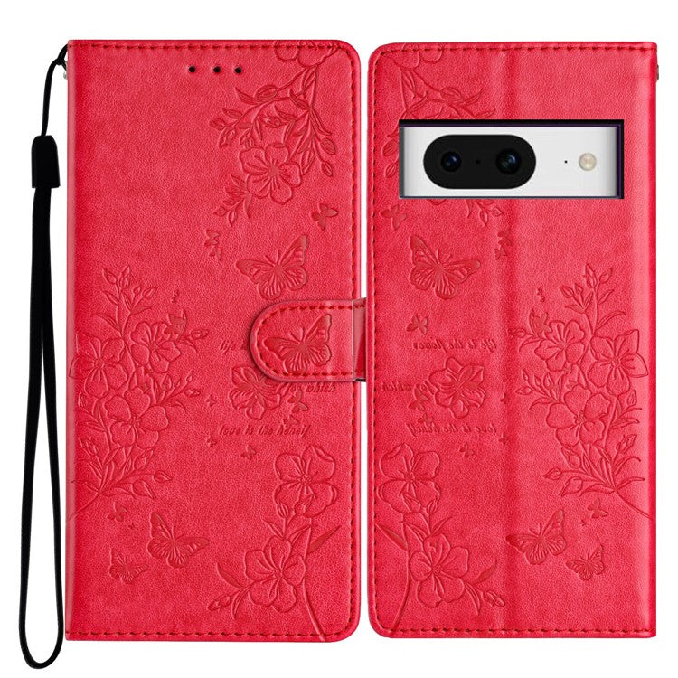 For Google Pixel 8 Protective Case Butterfly Floral Imprint Leather Wallet Phone Cover - Red