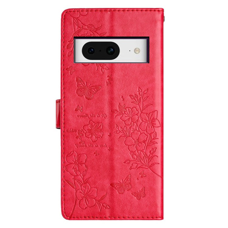 For Google Pixel 8 Protective Case Butterfly Floral Imprint Leather Wallet Phone Cover - Red