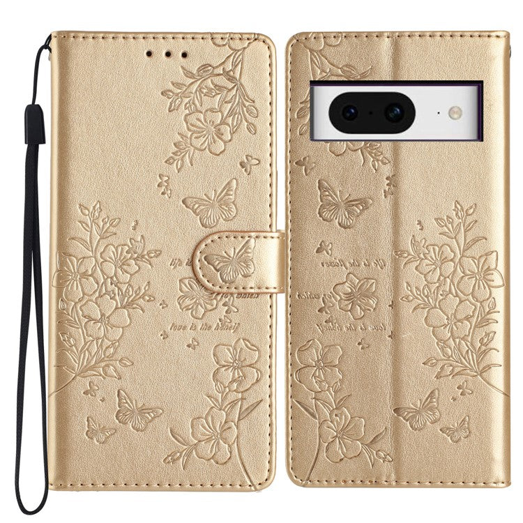 For Google Pixel 8 Protective Case Butterfly Floral Imprint Leather Wallet Phone Cover - Gold