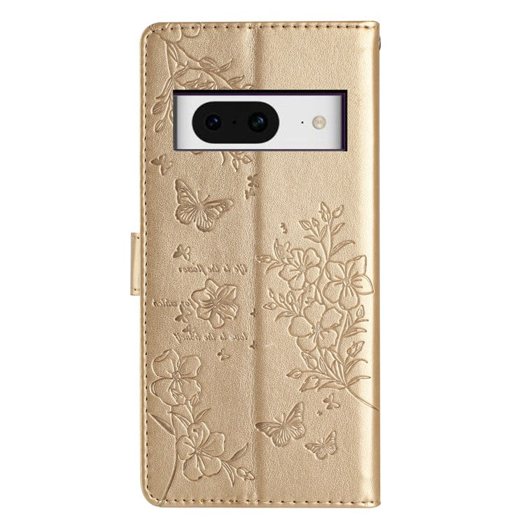 For Google Pixel 8 Protective Case Butterfly Floral Imprint Leather Wallet Phone Cover - Gold