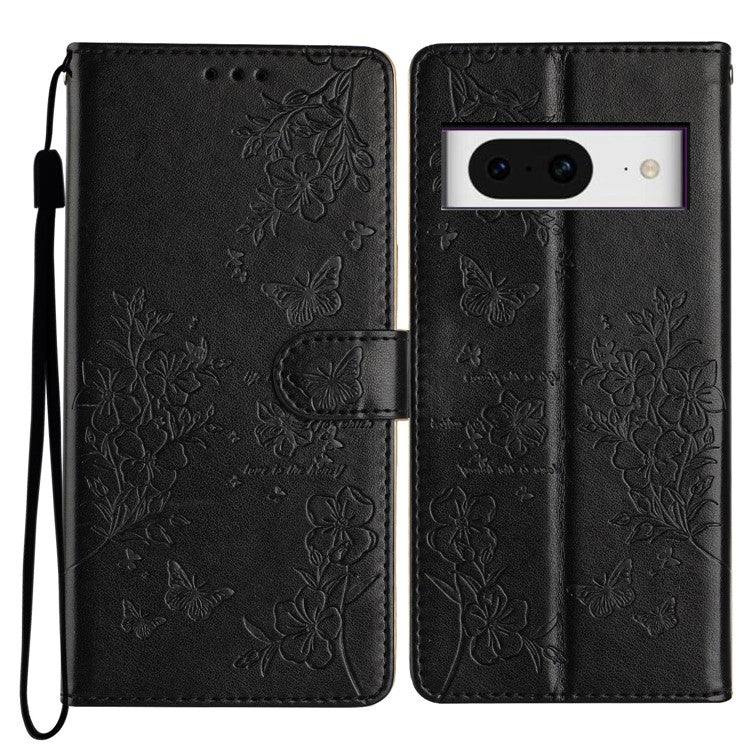 For Google Pixel 8 Protective Case Butterfly Floral Imprint Leather Wallet Phone Cover - Black