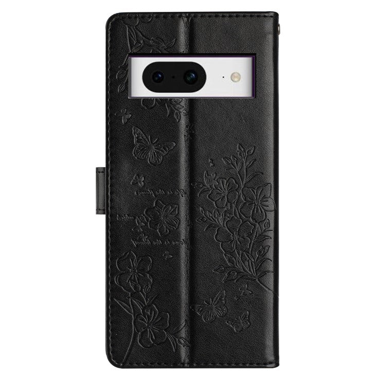 For Google Pixel 8 Protective Case Butterfly Floral Imprint Leather Wallet Phone Cover - Black