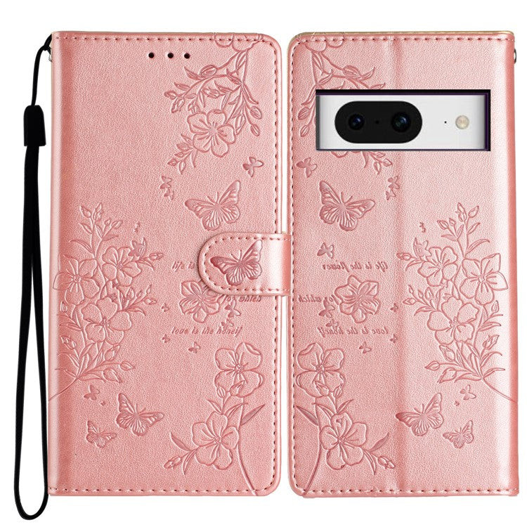 For Google Pixel 8 Protective Case Butterfly Floral Imprint Leather Wallet Phone Cover - Rose Gold