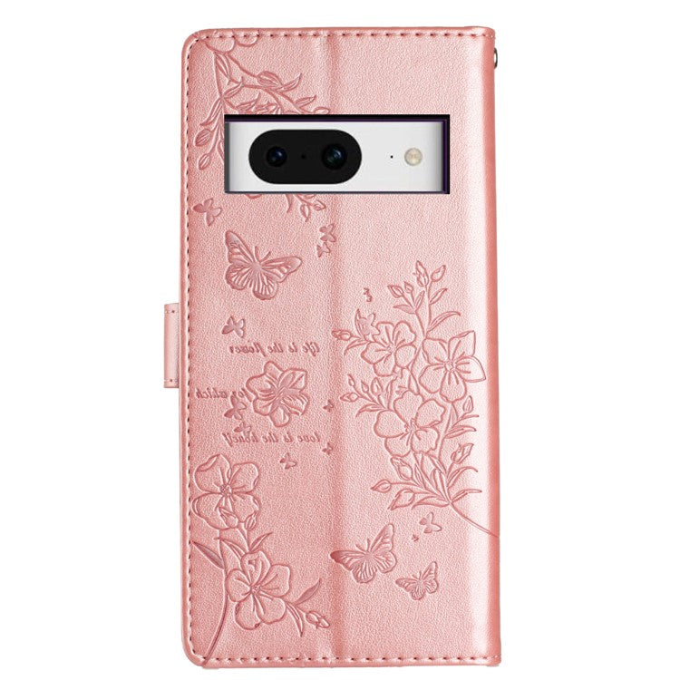 For Google Pixel 8 Protective Case Butterfly Floral Imprint Leather Wallet Phone Cover - Rose Gold