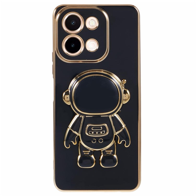 For vivo Y28 4G Case Electroplating Soft TPU Phone Cover Astronaut Hidden Kickstand - Black