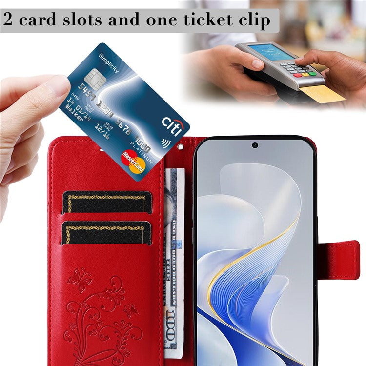 KT Imprinting Flower Series-2 For vivo S19 5G / V40 5G Case Stand Wallet Leather Phone Cover - Red