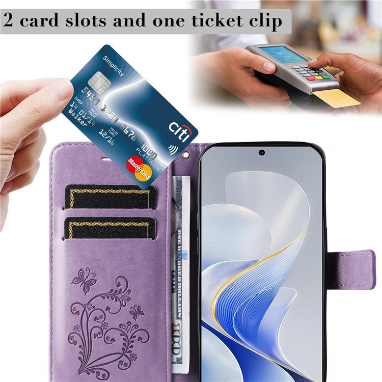 KT Imprinting Flower Series-2 For vivo S19 5G / V40 5G Case Stand Wallet Leather Phone Cover - Purple